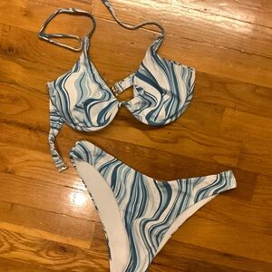 Bikini top and bottoms (blue swirls)